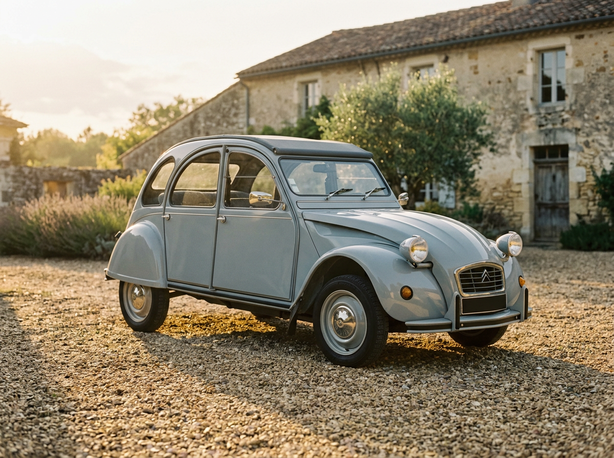 Couverture d'exemple : une 2CV gris bleuté restaurée, sur une cour de gravier au soleil couchant