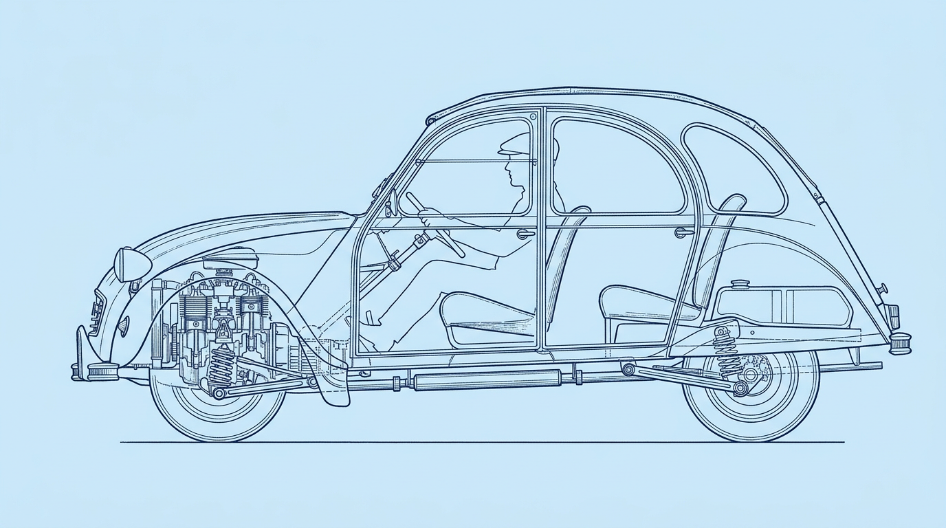 Dessin technique en coupe d'une 2CV, traits bleu marine sur papier bleu pâle