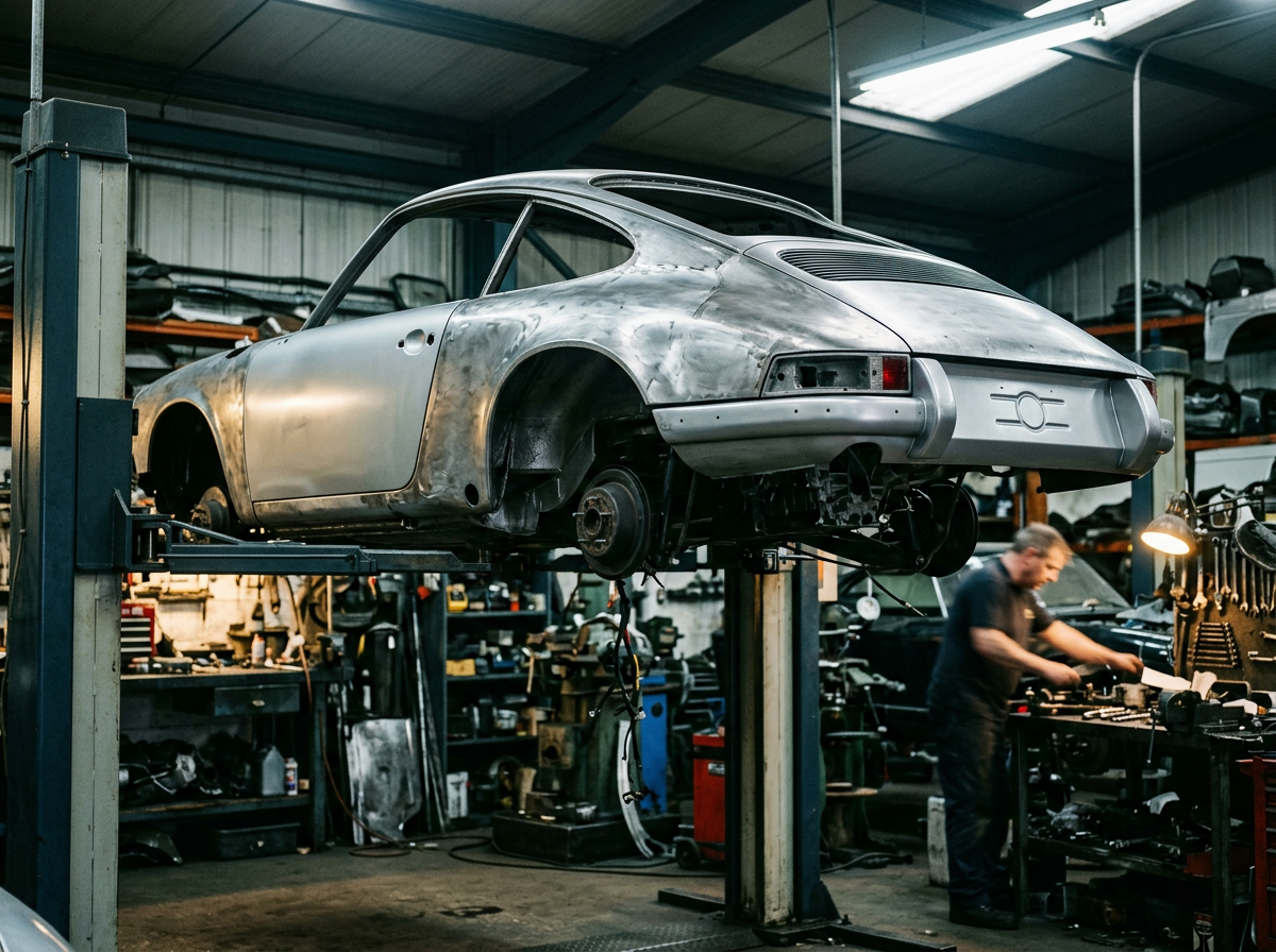 Double page d'exemple : une Porsche 911 sur un pont d'atelier, tôle à nu