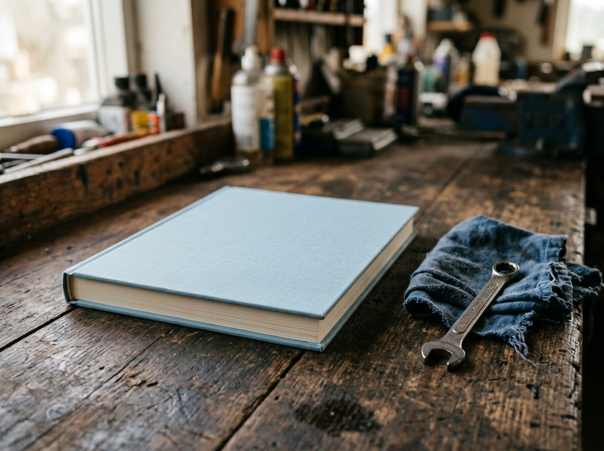 Un livre relié à couverture de toile bleu pâle posé sur un établi, à côté d'une clé plate