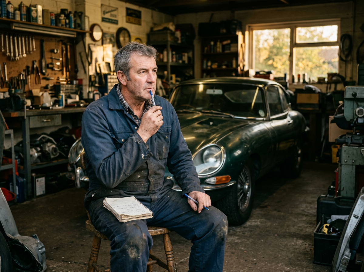 Un homme en bleu de travail, assis dans son garage devant une voiture ancienne, un stylo à la main